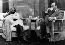 Mohandas Gandhi pictured drinking tea with Lord Mountbatten, the last viceroy of India