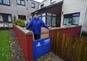 John Stewart with his flood defence outside his home on River Street, Brechin