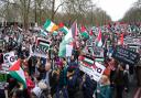 Demonstrators held banners calling for a “ceasefire now” and chanted “free, free Palestine” in the streets