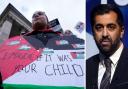 SNP First Minister Humza Yousaf (right) and a pro-Palestine protester