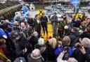 Nicola Sturgeon and Dave Doogan, SNP candidate for Angus, meets with activists and supporters on the British General election campaign trail on November 16, 2019 in Arbroath, Scotland