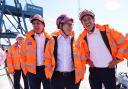 Scottish Labour leader Anas Sarwar, Labour Party leader Sir Keir Starmer and shadow secretary of state for energy security and net zero Ed Miliband at the Port of Greenock while on the General Election campaign trail