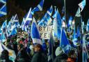 Scottish Independence supporters are seen at a demo outside Holyrood, the Scottish Parliament, on November 23, 2022