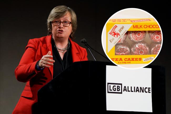 MP Joanna Cherry QC delivers her speech during the first LGB Alliance annual conference. Inset: A box of Tunnock's tea cakes