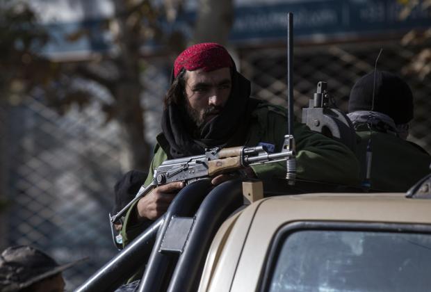 The National: Taliban fighters block roads after an explosion Tuesday, Nov. 2, 2021. An explosion went off Tuesday at the entrance of a military hospital in Kabul, killing severa; people and wounding over a dozen, health officials said.(AP Photo/Ahmad Halabisaz)