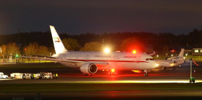A United Arab Emirates aircraft prepares to take off at Prestwick airport this evening.Tuesday. World leaders gathered at the UN COP26 climate summit  in Glasgow today and yesterday.  Photograph by Colin Mearns.