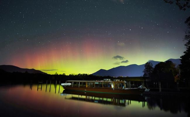 A spectacular display of the Northern Lights seen over Derwentwater, near Keswick in the Lake District