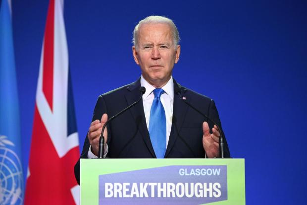 The National: U.S. President Joe Biden speaking during a session on 'Accelerating clean technology innovation and deployment' with world leaders and individuals from the private sector during the Cop26 summit at the Scottish Event Campus (SEC) in Glasgow.
