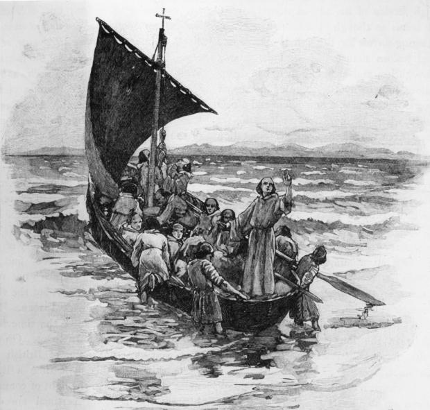 The National: 563 AD, Irish missionary Saint Columba (c. 521 - 597), known as the Apostle of Caledonia, sailing with his twelve disciples to the island of Iona on the west coast of Scotland