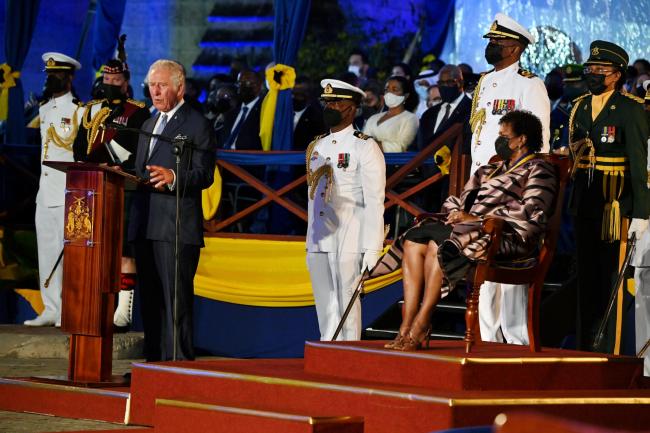 Prince Charles joined Barbados President Sandra Mason (centre) and Prime Minister Mia Mottley to remove the Queen as head of state