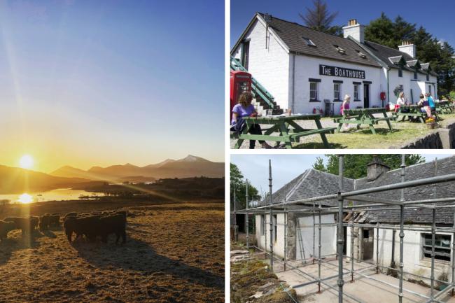 Clockwise from left: Cattle on Ulva, the island's Boathouse business, and a residence undergoing renovation