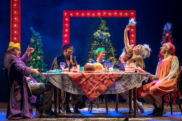 The National: From left: Richard Conlon as Fruity, Florence Odumosu as Madame Lady, Elicia Daley as Leslie, Sita Pieraccini as Bird Girl and Ronan McMahon as Billy in Christmas Dinner. Picture: Mihaela Bodlovic