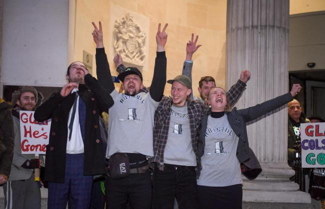 Sage Willoughby, Jake Skuse, Milo Ponsford and Rhian Graham celebrate after receiving a not guilty verdict at Bristol Crown Court
