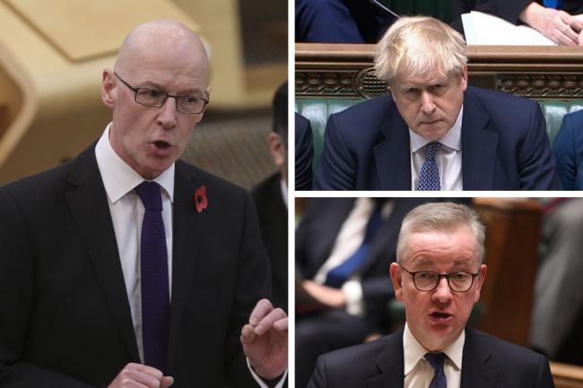 John Swinney (left) cast doubt on the idea that the new structures around devolution brought in by Boris Johnson (top right) and Michael Gove would have any concrete impact
