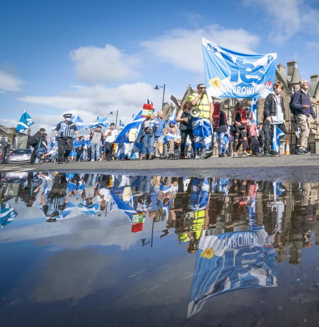 Supporters of Scottish independence march to the site of the Battle of Bannockburn for an 'All Under One Banner' rally in Bannockburn, Stirling. The site of the Battle of Bannockburn, is where the army of the King of Scots Robert the Bruce defeated the