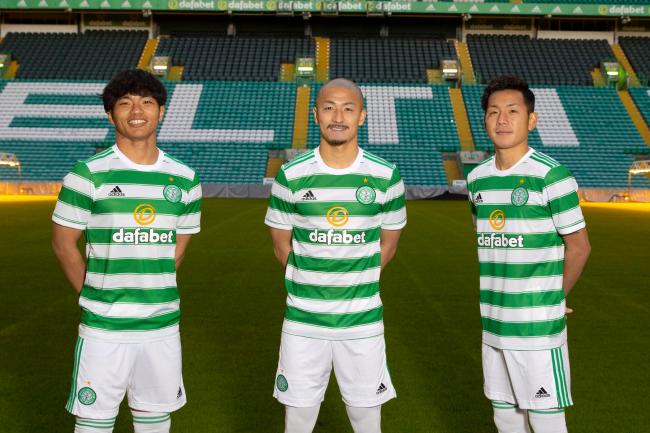 Celtic's new Japanese signings, from left to right, Reo Hatate, Daizen Maeda and Yosuke Ideguchi at Parkhead this week