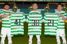 Celtic's new Japanese players, from left to right, Reo Hatate, Daizen Maeda and Yosuke Ideguchi at Parkhead this week