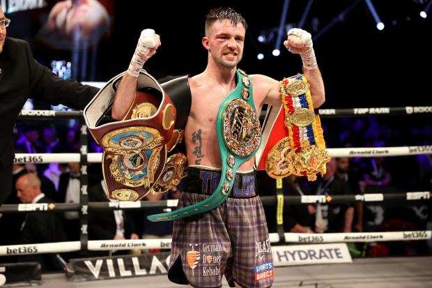 Josh Taylor celebrate victory in the junior welterweight bout against Jack Catterall in the at the OVO Hydro, Glasgow