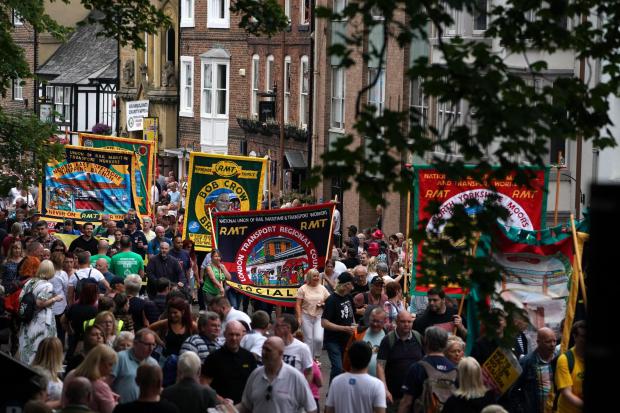 The National: Bands and banners parade through Durham during the Durham Miners’ Gala