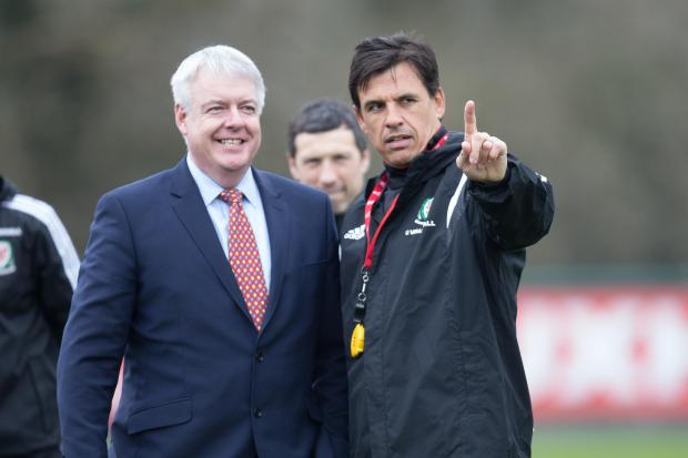 Then Wales manager Chris Coleman shows Carwyn Jones the way ahead at a Wales football team training session shortly before the Euro 2016 tournament. Picture: Huw Evans Agency