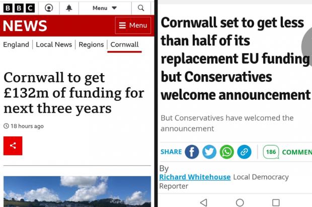 The National: The BBC's coverage of the funding cut has been compared to other news outlets. BBC News left, and Cornwall Live