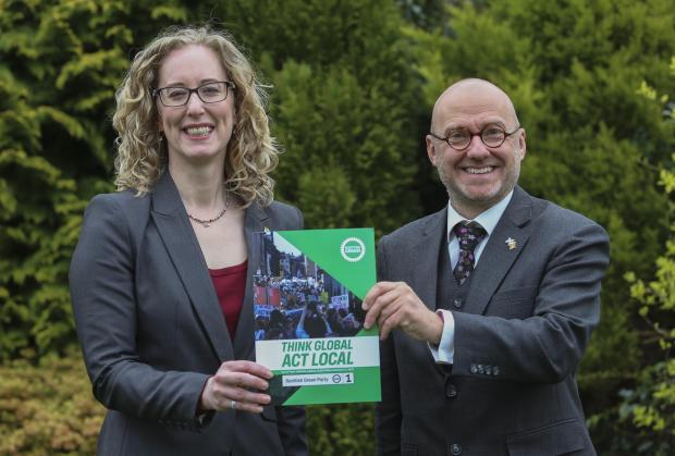 The National: Lorna Slater and Patrick Harvie, co-leaders of the Scottish Greens, at the local election campaign launch in East Kilbride tuesday. STY..Pic Gordon Terris Herald & Times..12/4/22.