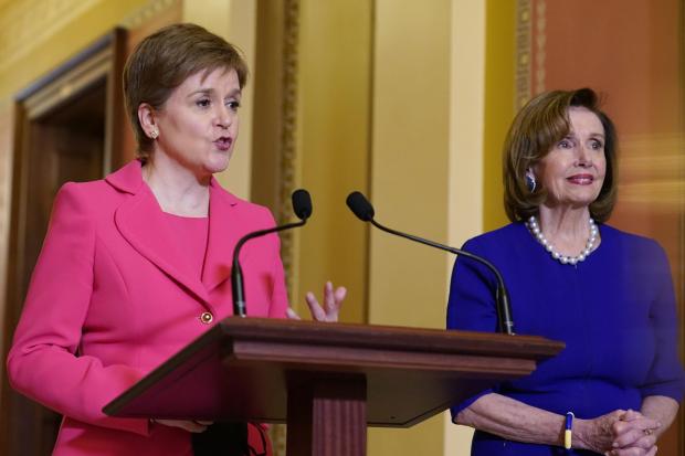 Nicola Sturgeon in the US speaking alongside Nancy Pelosi, the Speaker of the House of Representatives