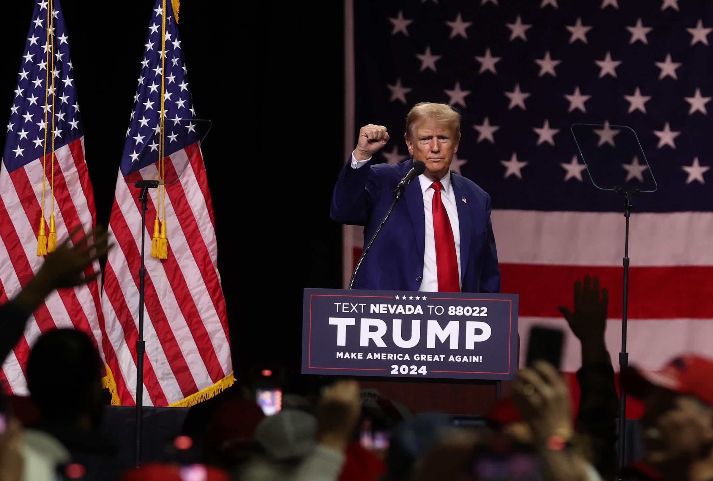 RENO, NEVADA - DECEMBER 17: Republican Presidential candidate former U.S. President Donald Trump gestures during a campaign rally at the Reno-Sparks Convention Center on December 17, 2023 in Reno, Nevada. Former U.S. President Trump held a campaign rally
