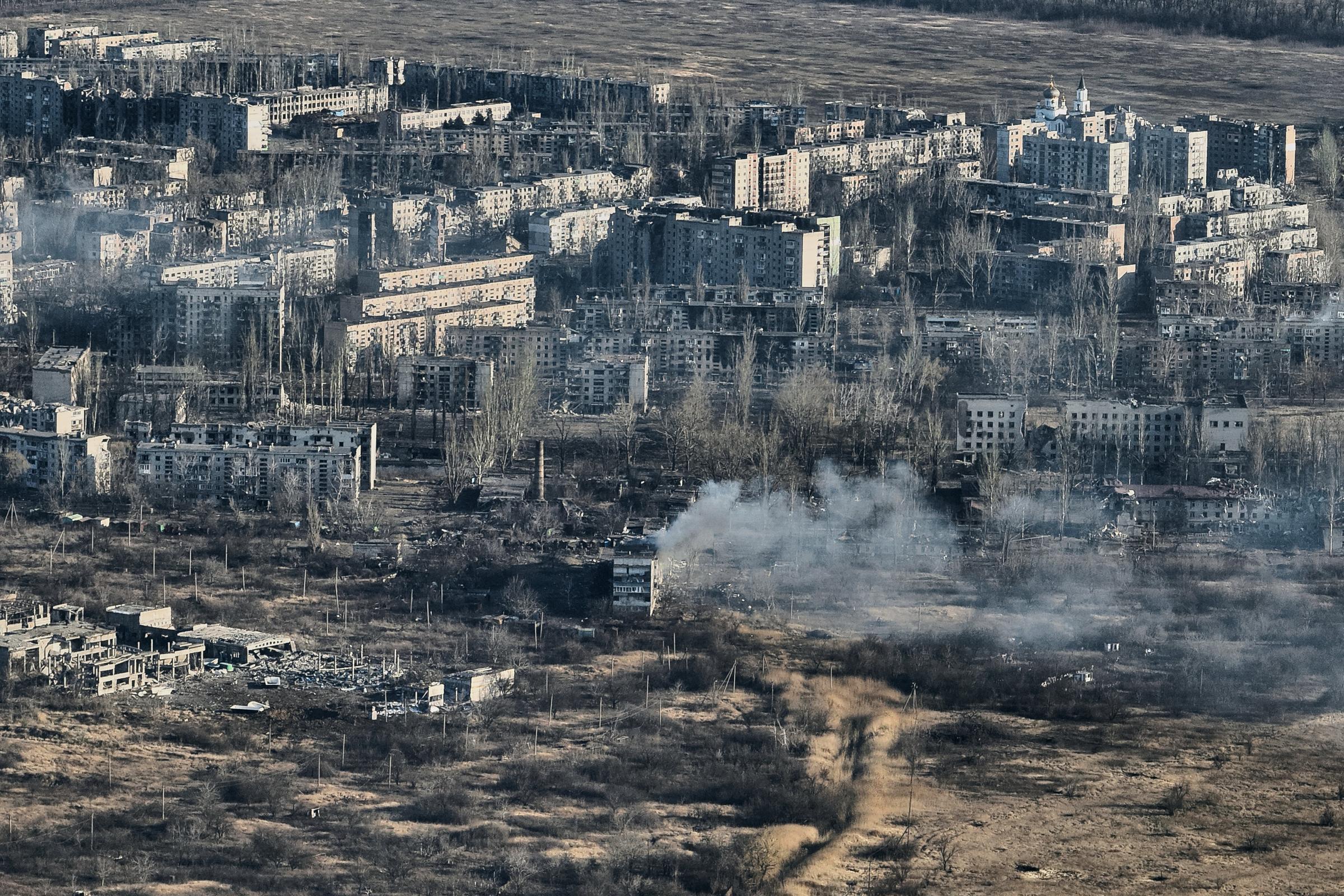 AVDIIVKA, UKRAINE - FEBRUARY 15: A general view of the citys destroyed buildings on February 15, 2024 in Avdiivka district, Ukraine. The Russian army is advancing on the flanks of the city, firing non-stop artillery, shelling the city with guided