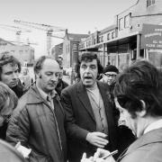 The Upper Clyde Shipyard shop stewards, Jimmy Reid and Bob Dickie, speaking to reporters at the shipyard in Glasgow, 1971.