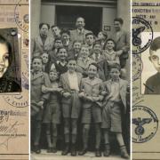 L-R: Dorrith Sim's travel document; refugee  boys outside the Garnethill Hostel in 1939; Ernst Marchand’s immigration card