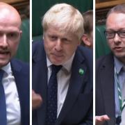 From left: SNP MP Stephen Flynn, Prime Minister Boris Johnson, and SNP MP Richard Thomson