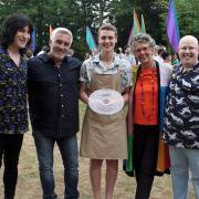 Peter Sawkins (centre) with the presenters and judges of the Great British Bake Off
