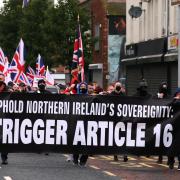 Loyalists during a rally against the Northern Ireland Protocol in Belfast. Photo: PA.