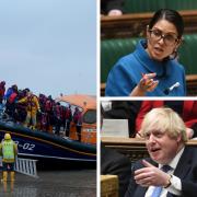 An RNLI lifeboat lands in England after helping people in the Channel, Home Secretary Priti Patel, and Prime Minister Boris Johnson