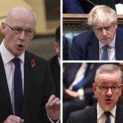 John Swinney (left) cast doubt on the idea that the new structures around devolution brought in by Boris Johnson (top right) and Michael Gove would have any concrete impact
