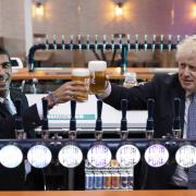 Rishi Sunak and Boris Johnson visit a brewery in 2021