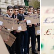 Campaigners dressed as Rishi Sunak protest outside the Treasury office. Photo: PA
