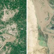Before (left) and after of flooding around Hala in the Matiari district of Sindh, Pakistan. Picture: Planet Labs PBC