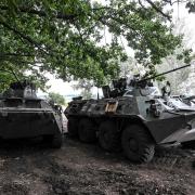 Abandoned Russian armoured vehicles around the town of Balakliya. Ukrainian forces have been enjoying major successes in the north-east of the country over the weekend