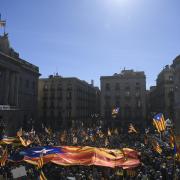 Catalan independence supporters gathered at Plaza Sant Jaume in Barcelona yesterday to take part in a demonstration marking the fifth anniversary of the Catalan independence referendum. Photograph: Josep Lago