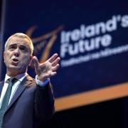 Actor James Nesbitt delivers the keynote address at a rally for Irish unification organised by Pro-unity group Ireland's Future at the 3Arena in Dublin