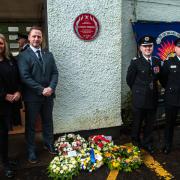 The red plaque unveiled at the Inveraray Fire station on Saturday in memory of Alexander (Sandy) Drummond