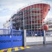 One of two Caledonian Macbrayne ferries being built in the Ferguson Marine shipyard