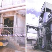 From left: the exterior of the combustion chamber at Norbord Europe Limited and the exterior of the wood drier