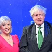Nadine Dorries with Boris Johnson in the studio for her new TV show. Don't they both look thrilled