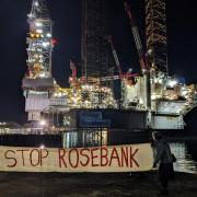 'Stop Rosebank' was projected onto an oil rig in Dundee