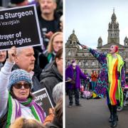 The feminist movement is divided. Opponents and supporters of gender reforms pictured in Glasgow's George Square