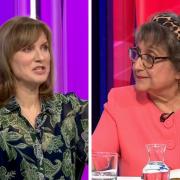 Fiona Bruce (left) intervened when journalist Yasmin Alibhai-Brown brought up allegations of domestic abuse levelled against Stanley Johnson