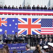 Australian PM Anthony Albanese, President Joe Biden and Prime Minister Rishi Sunak announcing the new submarine deal in San Diego, California on Monday